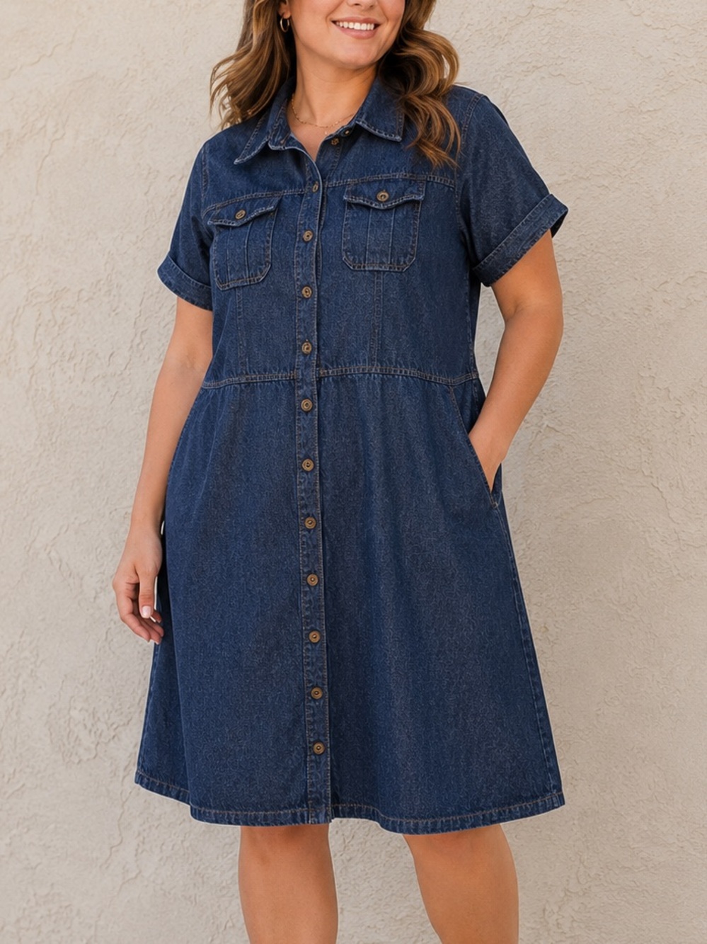 Cherokee Denim Shirt Dress XL 100% Cotton Button Front Midi Dress Dark Wash